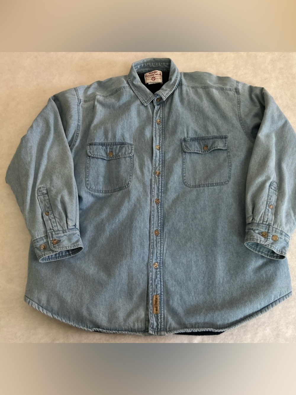 Vtg Wrangler Shirt Mens 2XL Denim Rugged Wear Fleece Shearling Lined Faded